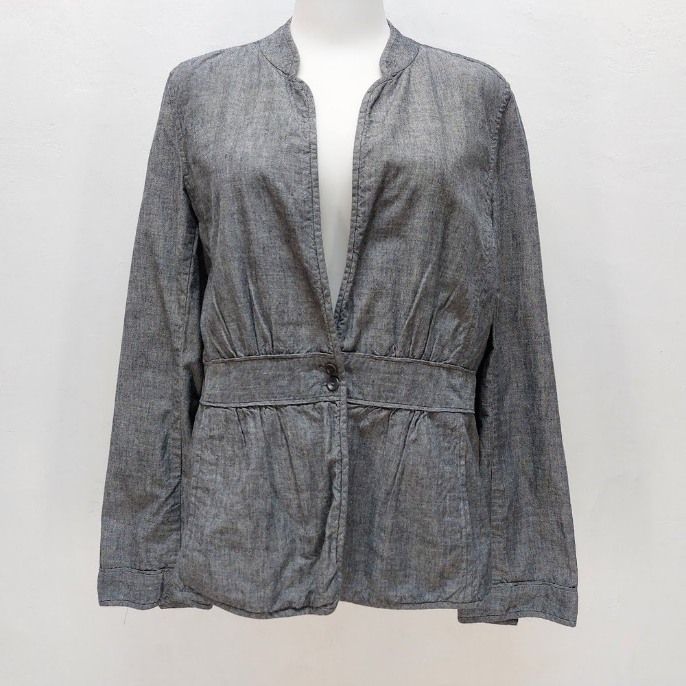 Eileen Fisher Jacket Women's Medium Grey Cotton Peplum Waist Chambray Blazer